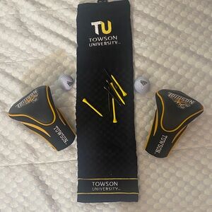 Towson University 2 Golf Club Head covers,  2 team balls & Embroidered towel